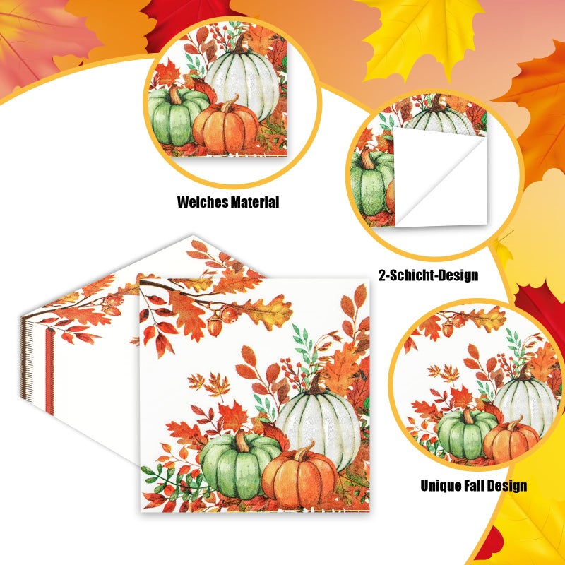 EVYIENEN 40 PCS Fall Pumpkin Paper Napkins Watercolor Autumn Luncheon Napkins Disposable Pumpkins Maple Leaves Party Napkin for Autumn Thanksgiving Harvest Home Kitchen Party Supplies, 6.5 x 6.5 Inch - Image 3